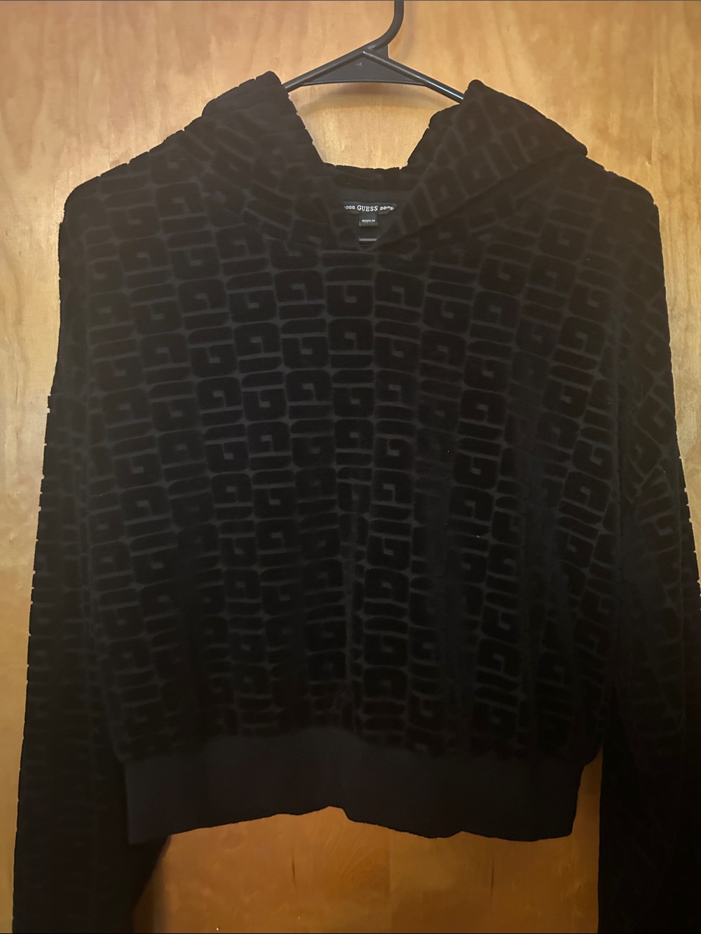 Guess Black Velour Monogram Logo Cropped Hoodie Y2K